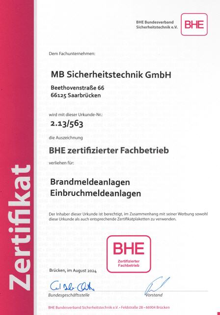 BHE zertifizierter Fachbetrieb für BMA und EMA