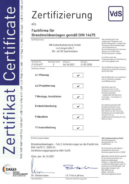 Fachfirma für BMA gemäß DIN 14675 (Zertifikat)