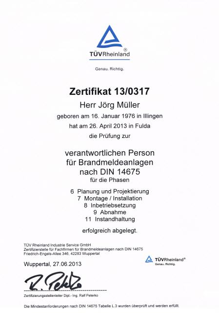 Verantwortliche Person für BMA nach DIN 14675